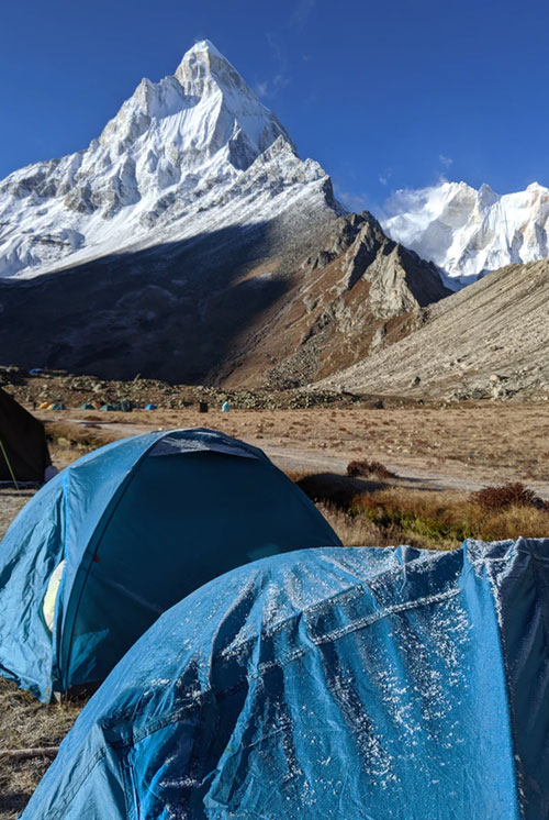 Views of Himalayan mountain from tent